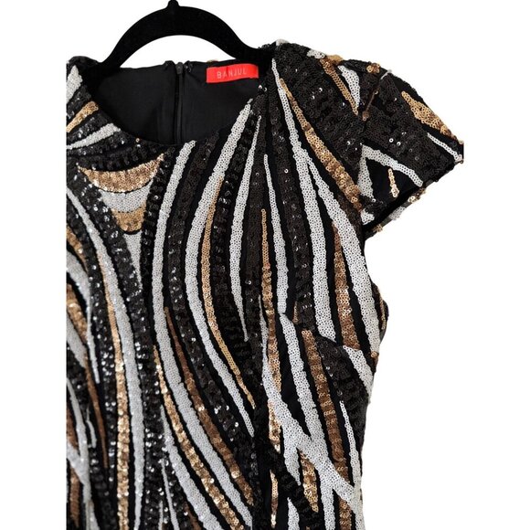 Banjul Womens Sequin Cap Sleeve Mini Dress Small Black Gold White - Picture 7 of 16